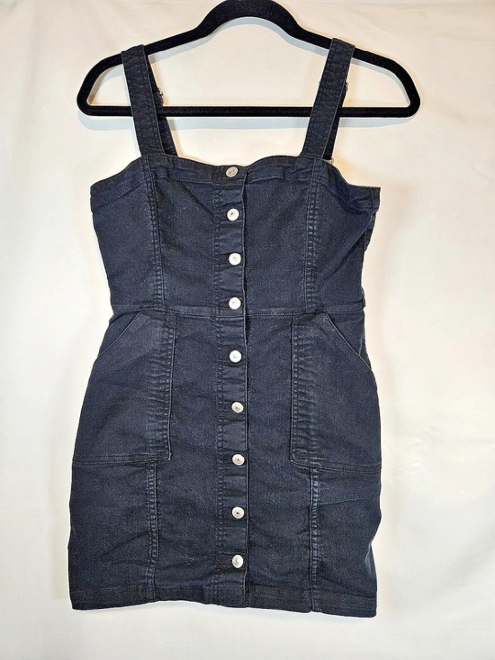 H&M Divided Black Denim Button-Front Pinafore Dress Size 6
